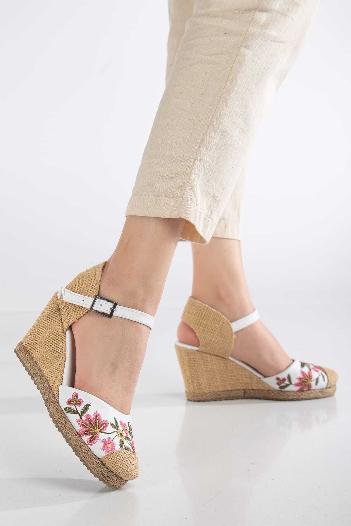 SEDRİK-New Season Straw Detailed Flower Embroidered Wedge Heel Shoes 3