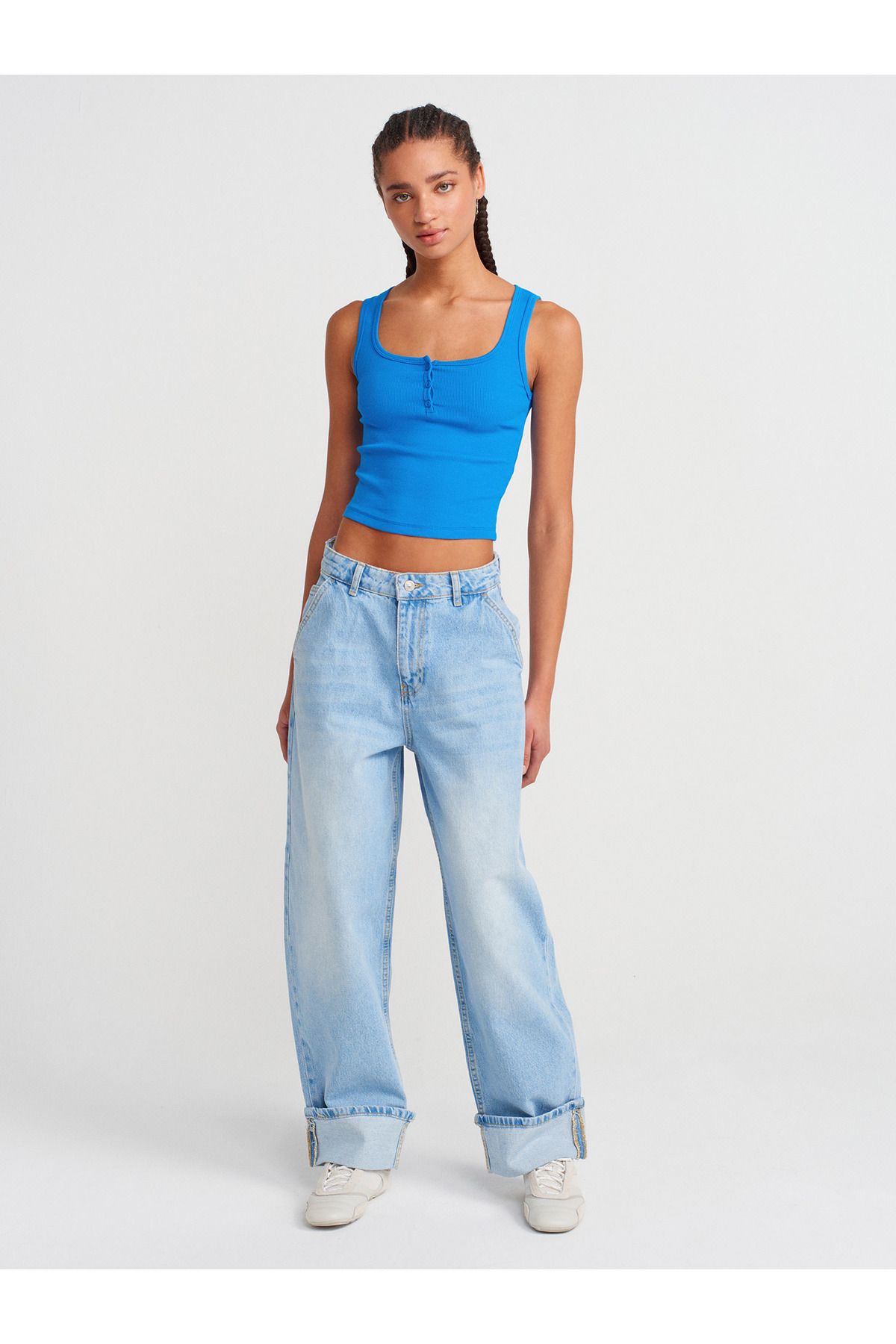 Dilvin-20983 Buttoned Square Collar Top-Sax 4