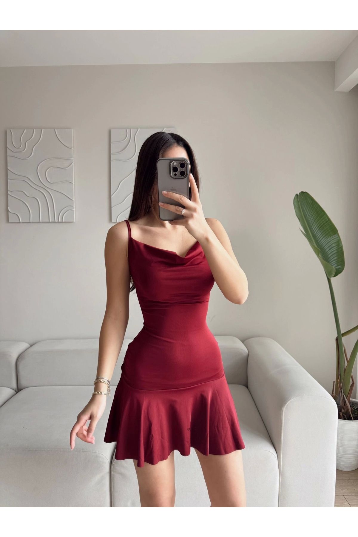 Zoom Butik Rochie Plisată Cu Curea - Roșu Claret Femeie - L