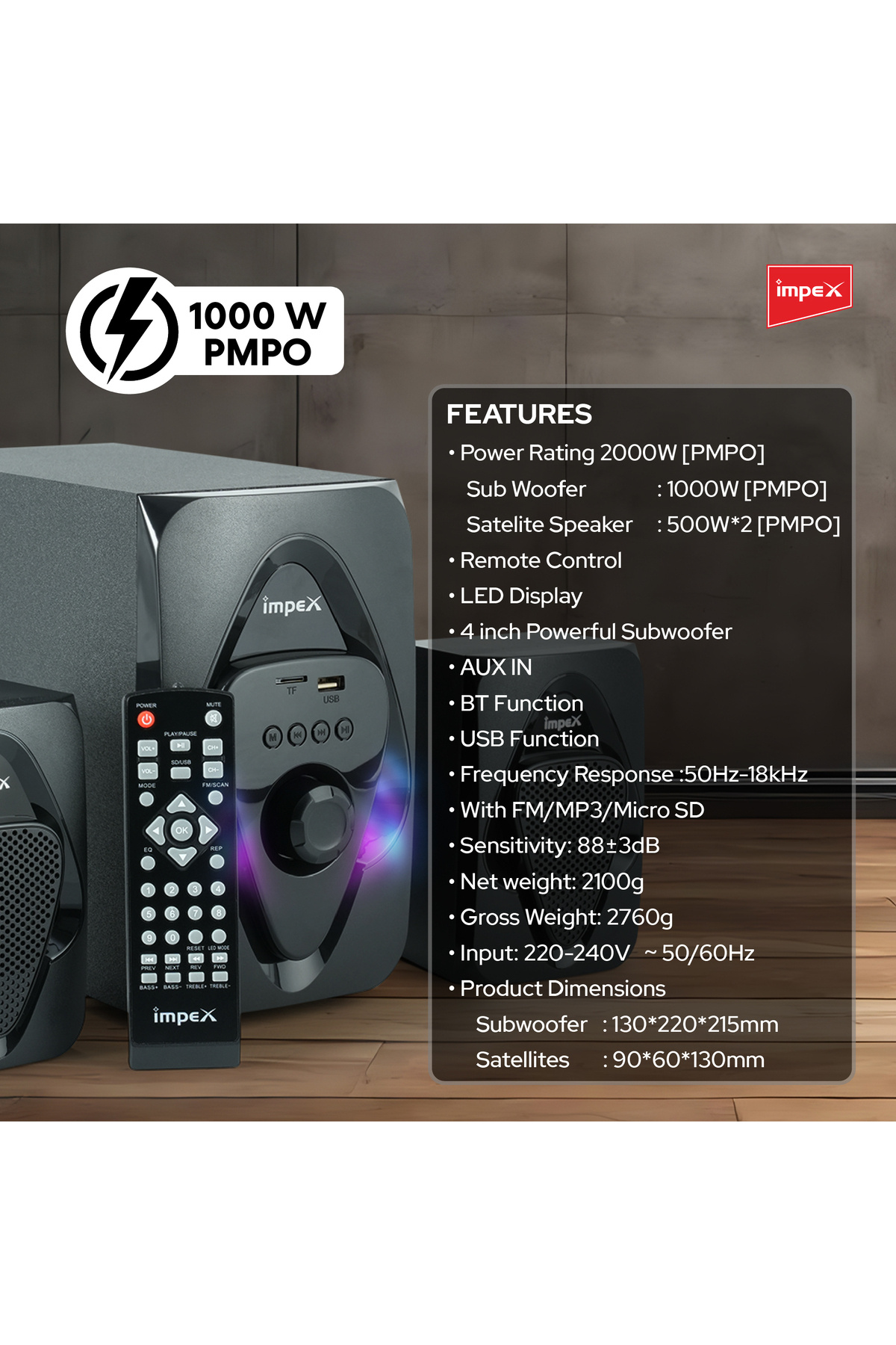 İMPEX-Micro R1 2.1 Channel Multimedia Speaker- Ht 2115 System 2000 W Pmpo Rms Power, 4-inch Subwoofer 7
