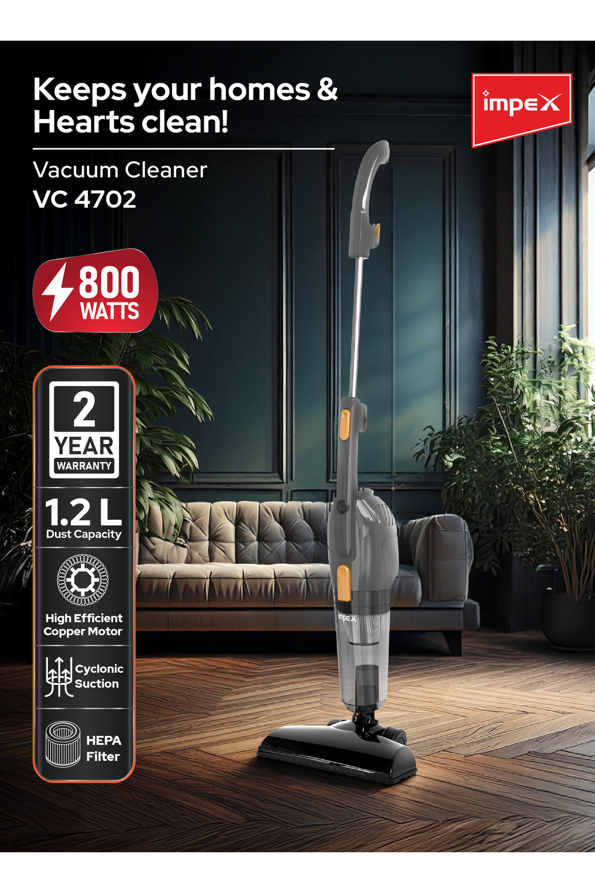 İMPEX-Vacuum Cleaner 800w 3-in-1 Stick Cleaner - Vc4702 Powerful Suction Cleaner 1.2l Dust Container 1.2l 3
