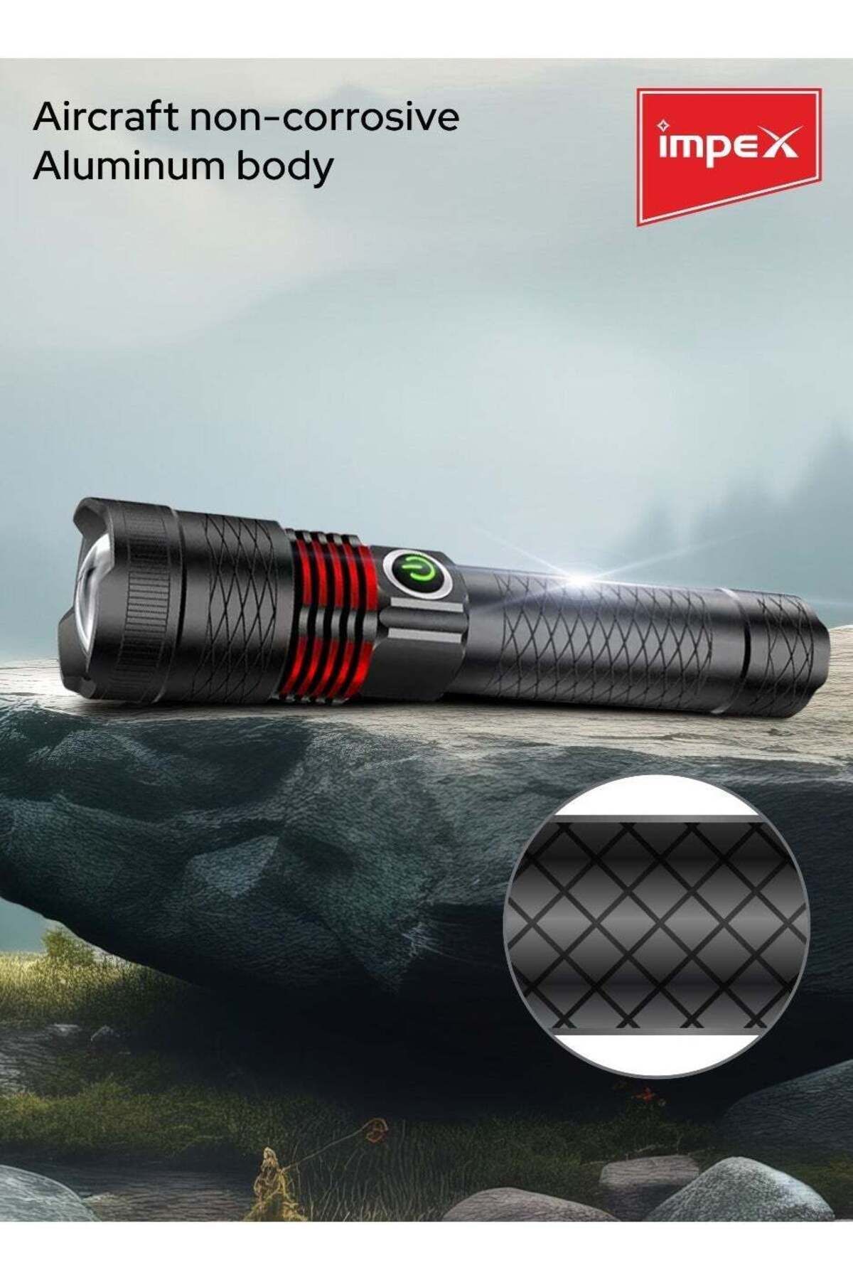 İMPEX-Impex Rechargeable Led Flashlight Hunter Z1 - 10w, 500 Lumens, 1800m Range, 3 Modes Type C Charging 6