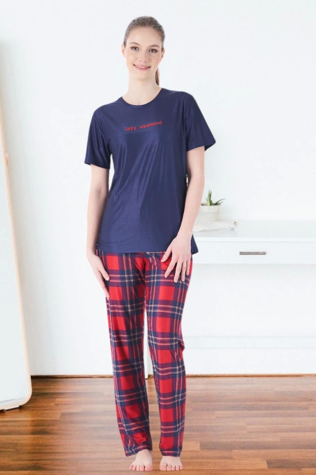 Nemere Estiva 25160 Kadın Marla Ekoseli Kısa Kol Pijama Takımı