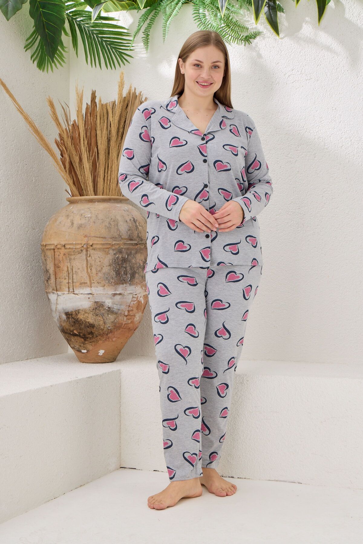 PİJAMOOD Kadın Pamuklu Düğmeli Uzun Kollu Pijama Takımı görsel 2