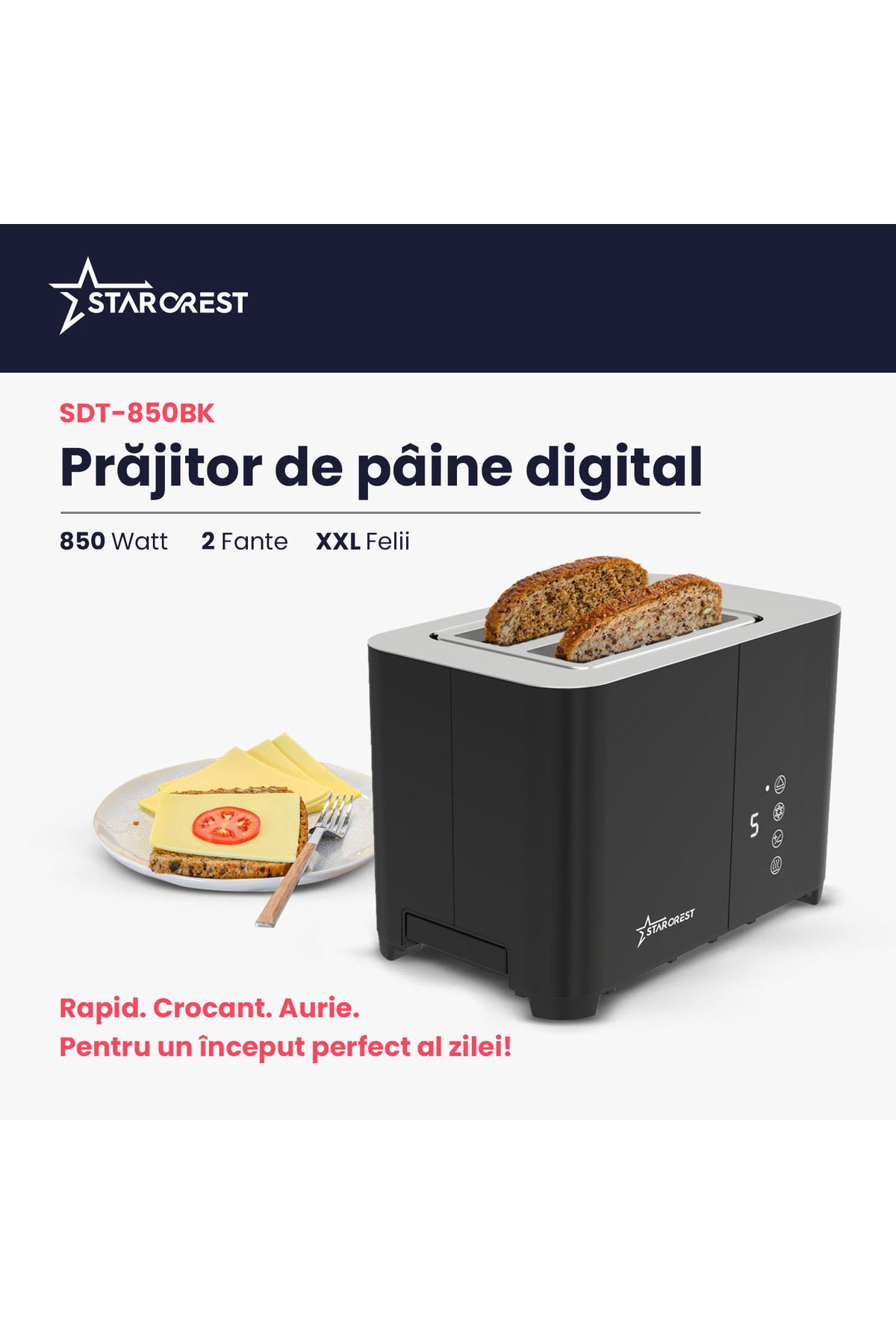 STARCREST-Prajitor de paine digital STARCREST SDT-850BLK, 850 W, 2 felii, Display Led Touch, 4 Functii, Negru 2
