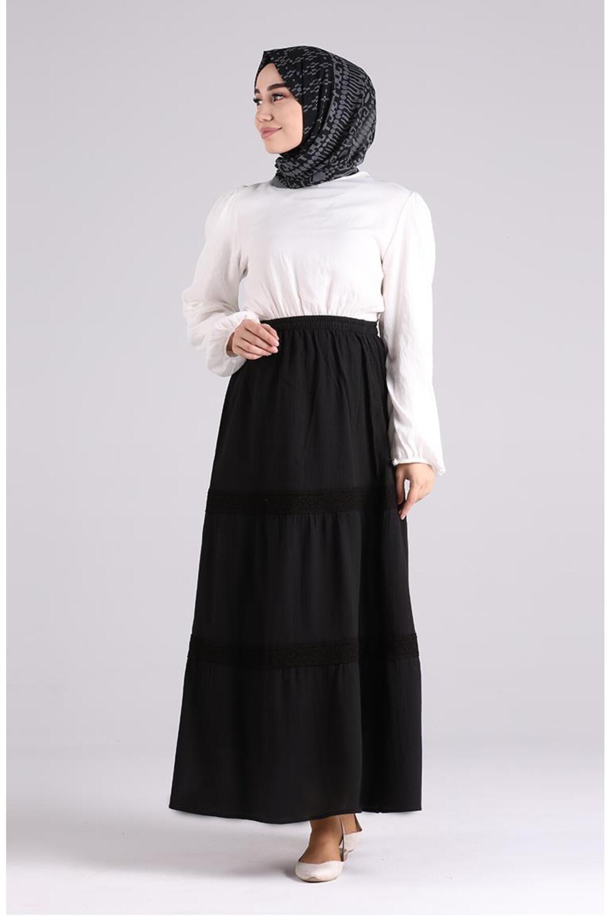 Eliş Şile Bezi  Uzun Şile Bezi Dantelli Yazlık Etek Siyah Syh - Görsel 5