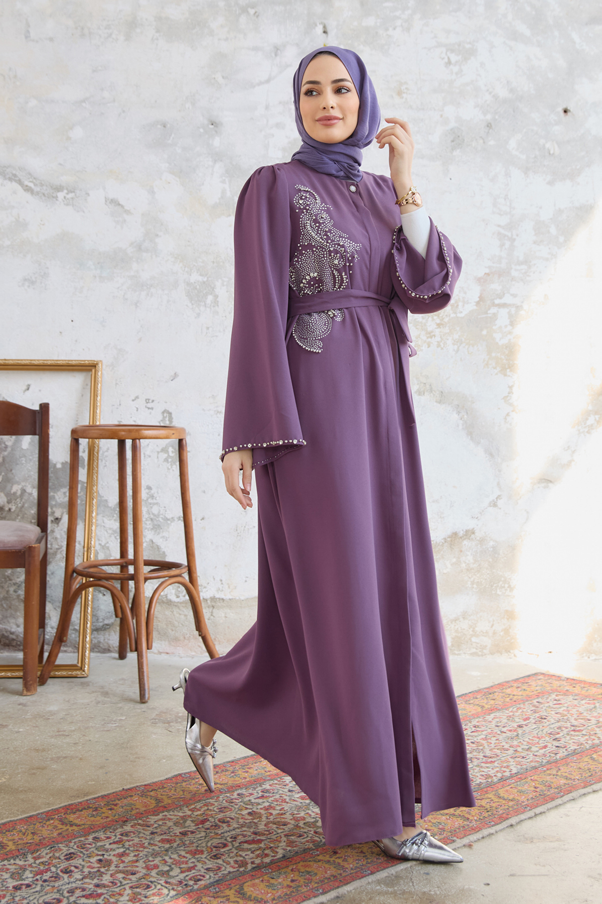 VAVİNOR Lora Taşlı Abaya - Leylak - Fiyatı, Yorumları