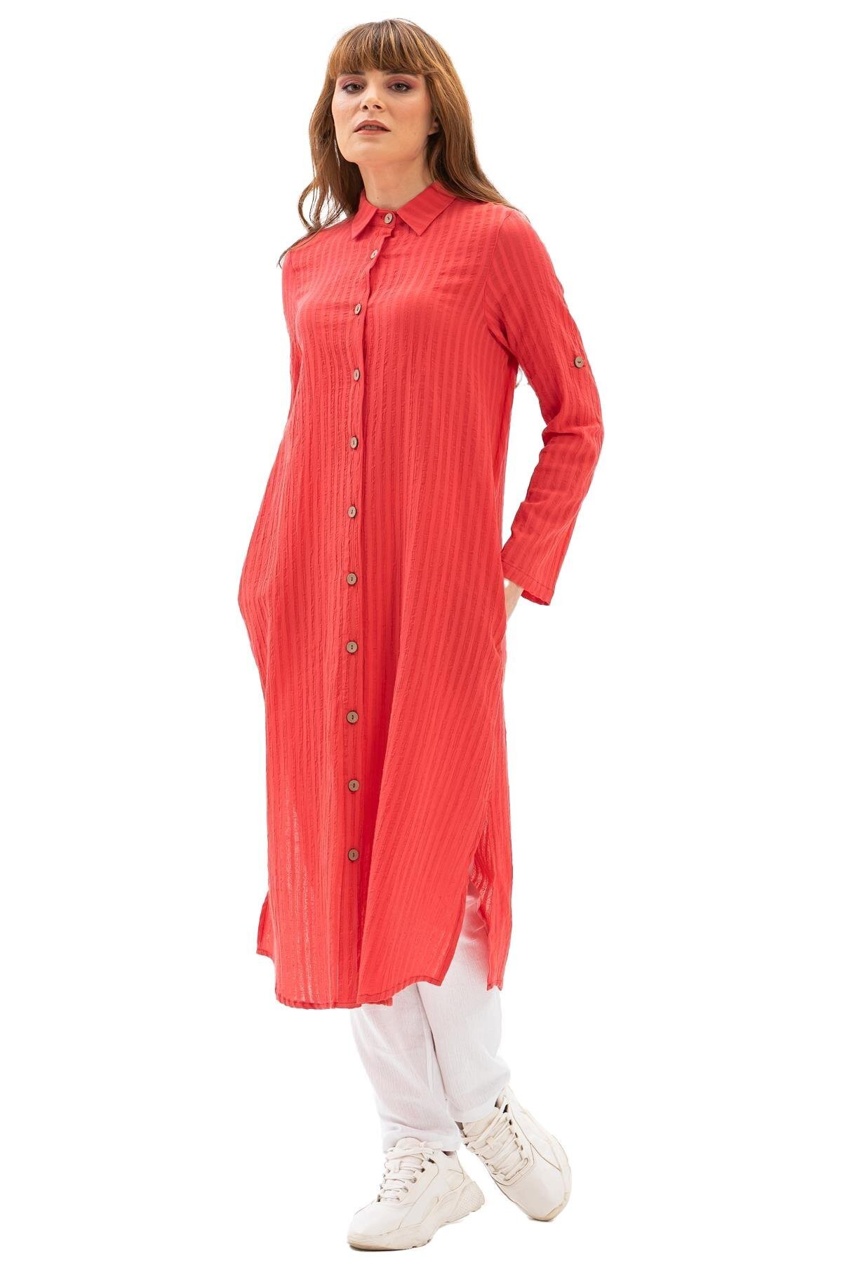 Eliş Şile Bezi-Long Sleeve Collared Seersucker Seasonal and Summer Tunic Coral Mrcn 6