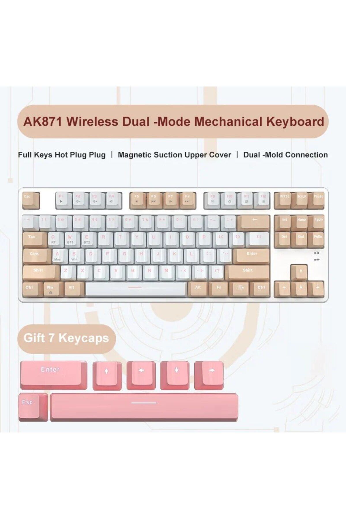 Ajazz-Red axis Khaki Ajazz Ak871 2.4G Wireless Gaming Mechanical Keyboard 87 Keys Hot-Swappable Bluetooth 1