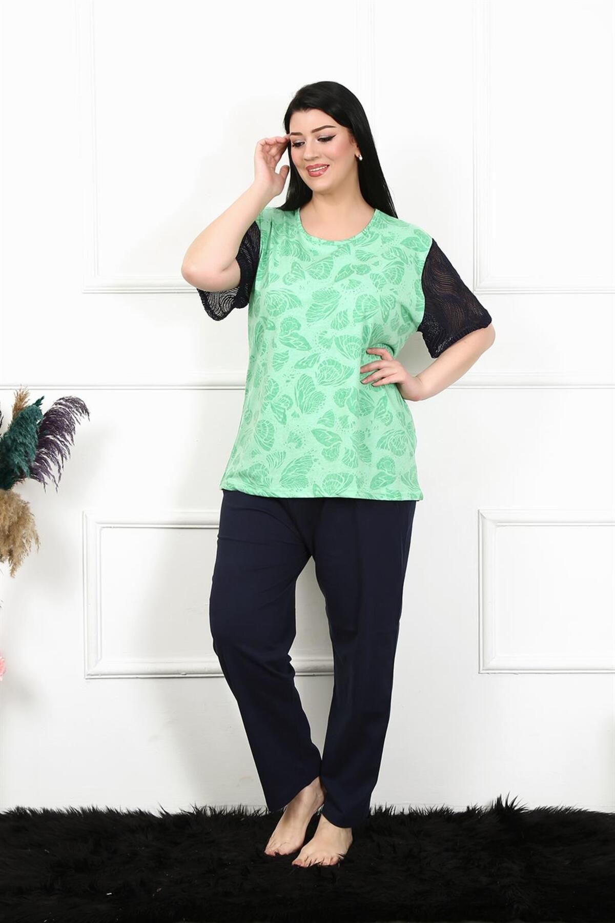 COXO Fashion`S Moda Çizgi Women 5XL-6XL-7XL-8XL Plus Size Short Sleeve Pajama Set 75004