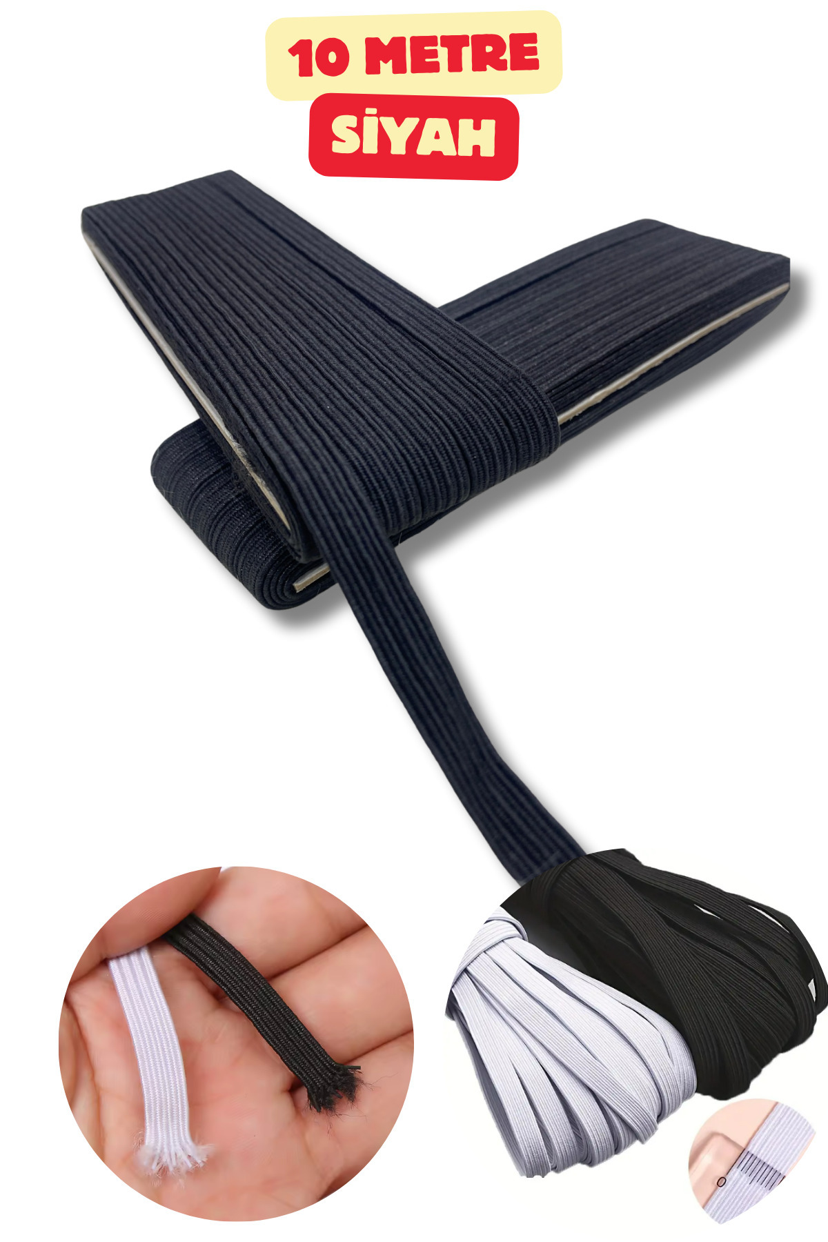 Kardelux Siyah 1 Cm Eninde 10 Metre Yassı Lastik Bel Paça Lastiği Lateks No:2- Bel Paça Don Lastiği