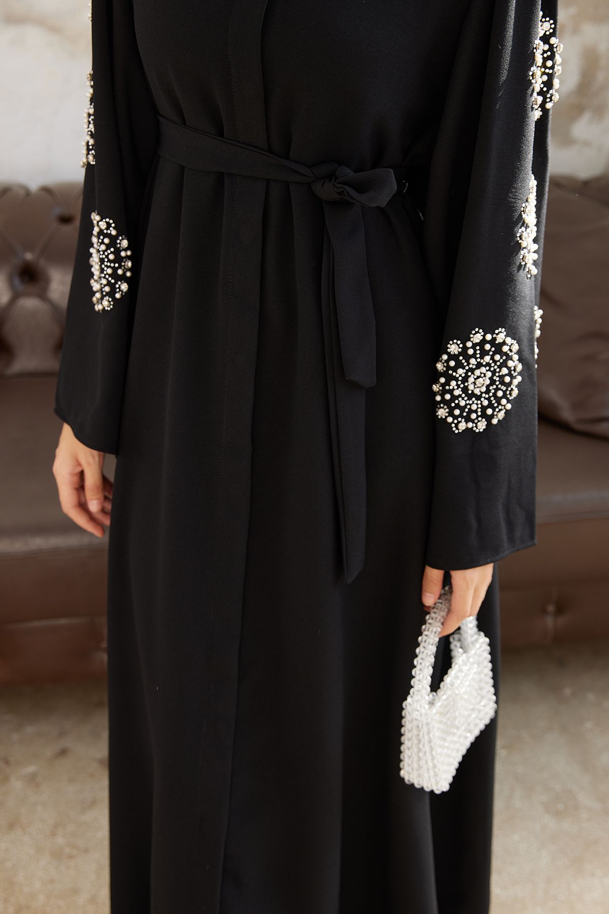 VAVİNOR-Liva Stone Abaya cu mâneci - Negru 4