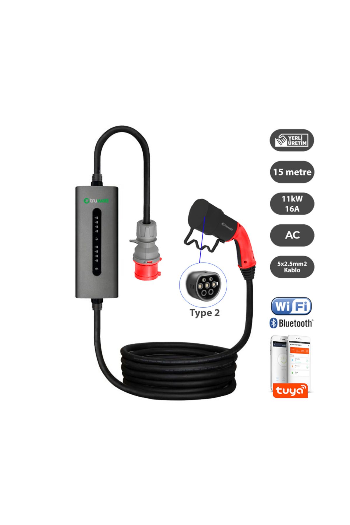 Truwatt Zta415 Taşınabilir Elektrikli Araç Şarj Cihazı 16a/11kw/380v (15 METRE)