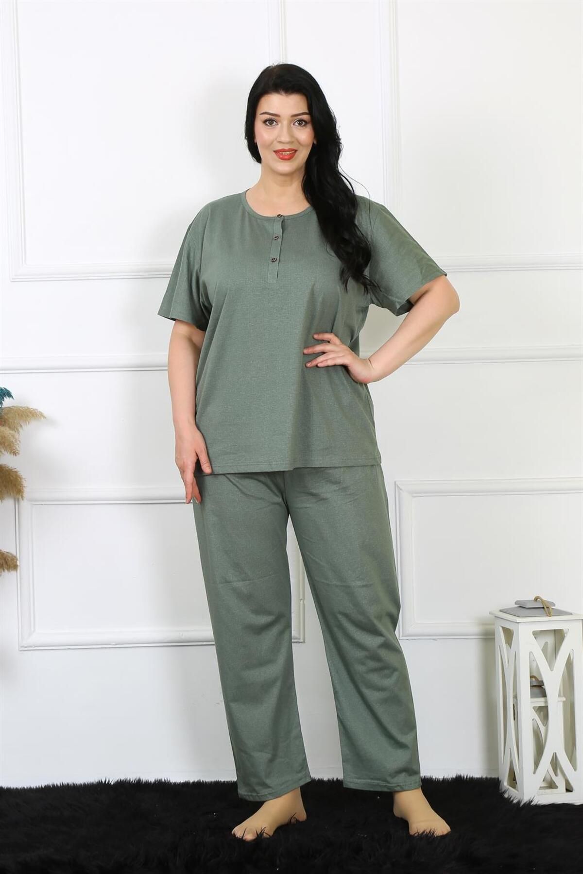 COXO Fashion`S Moda Çizgi Women's 5XL-6XL-7XL-8XL Plus Size Green Short Sleeve Pajama Set 75012