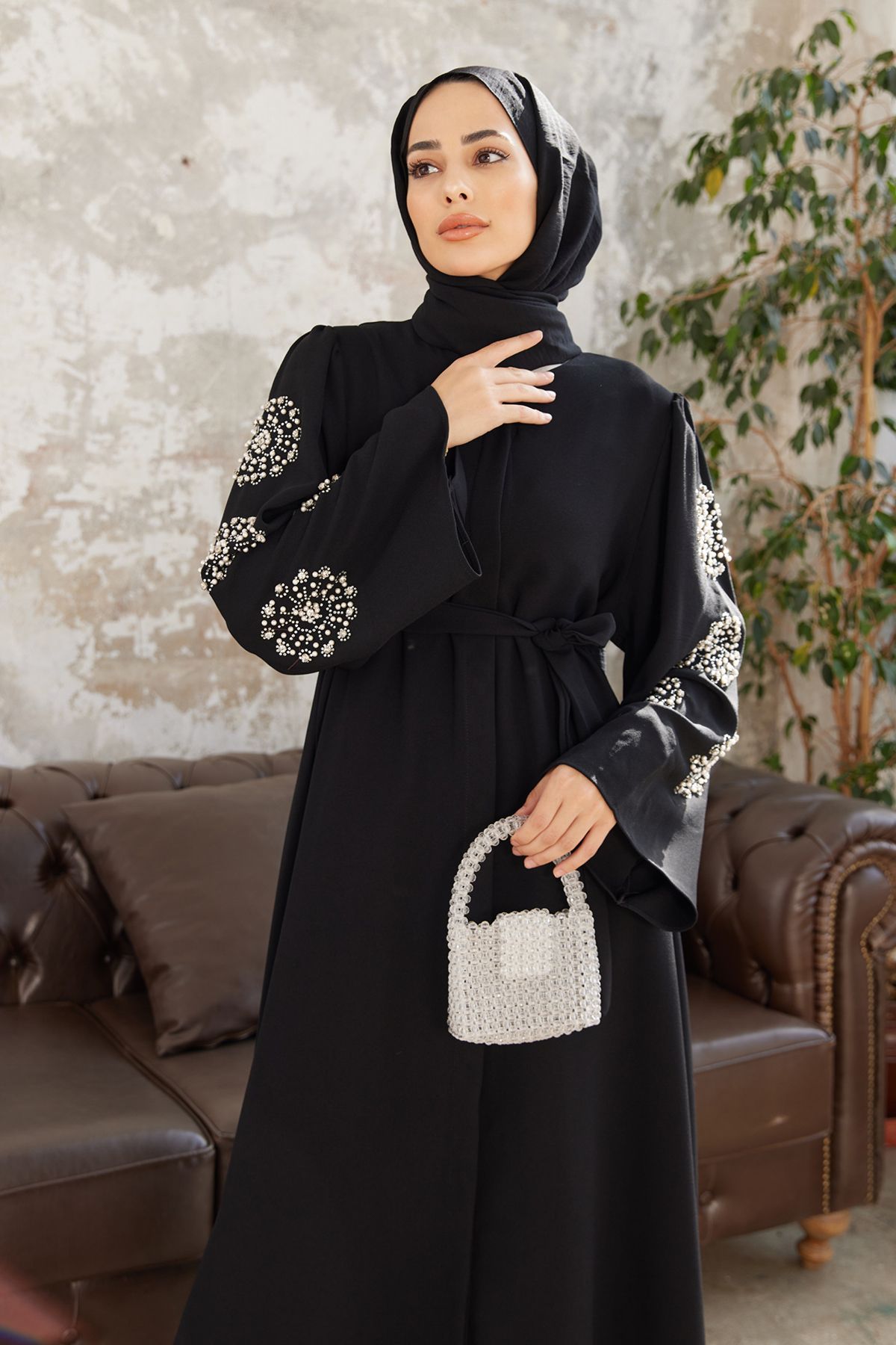 VAVİNOR-Liva Stone Abaya cu mâneci - Negru 3