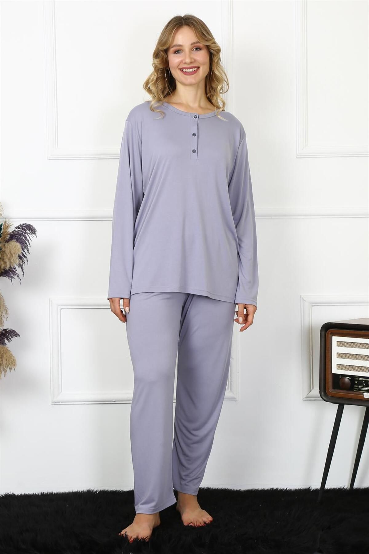 COXO Fashion`S Moda Çizgi Kadın 4XL-5XL-6XL-7XL-8XL Büyük Beden Lila Uzun Kol Pijama Takım 75013
