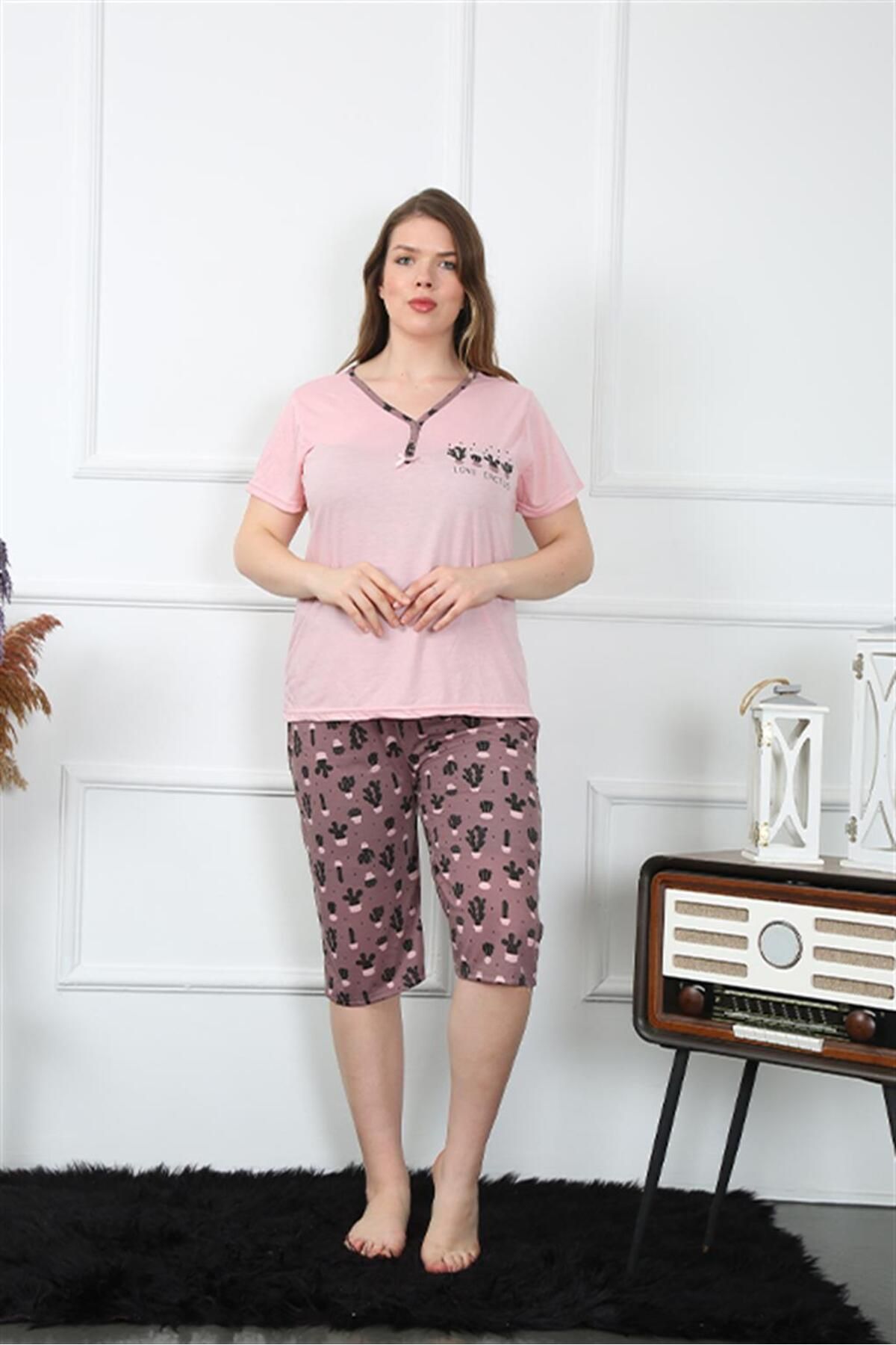 COXO Fashion`S Moda Çizgi Women's Large Size Viscon Capri Pajama Set 202202