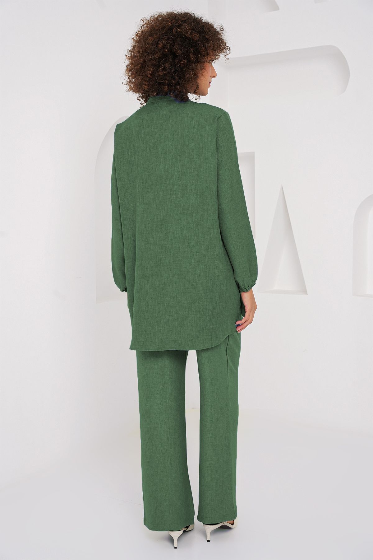 Bigdart-Emerald Green 6678 Linen Tunic and Pants Double Set 4