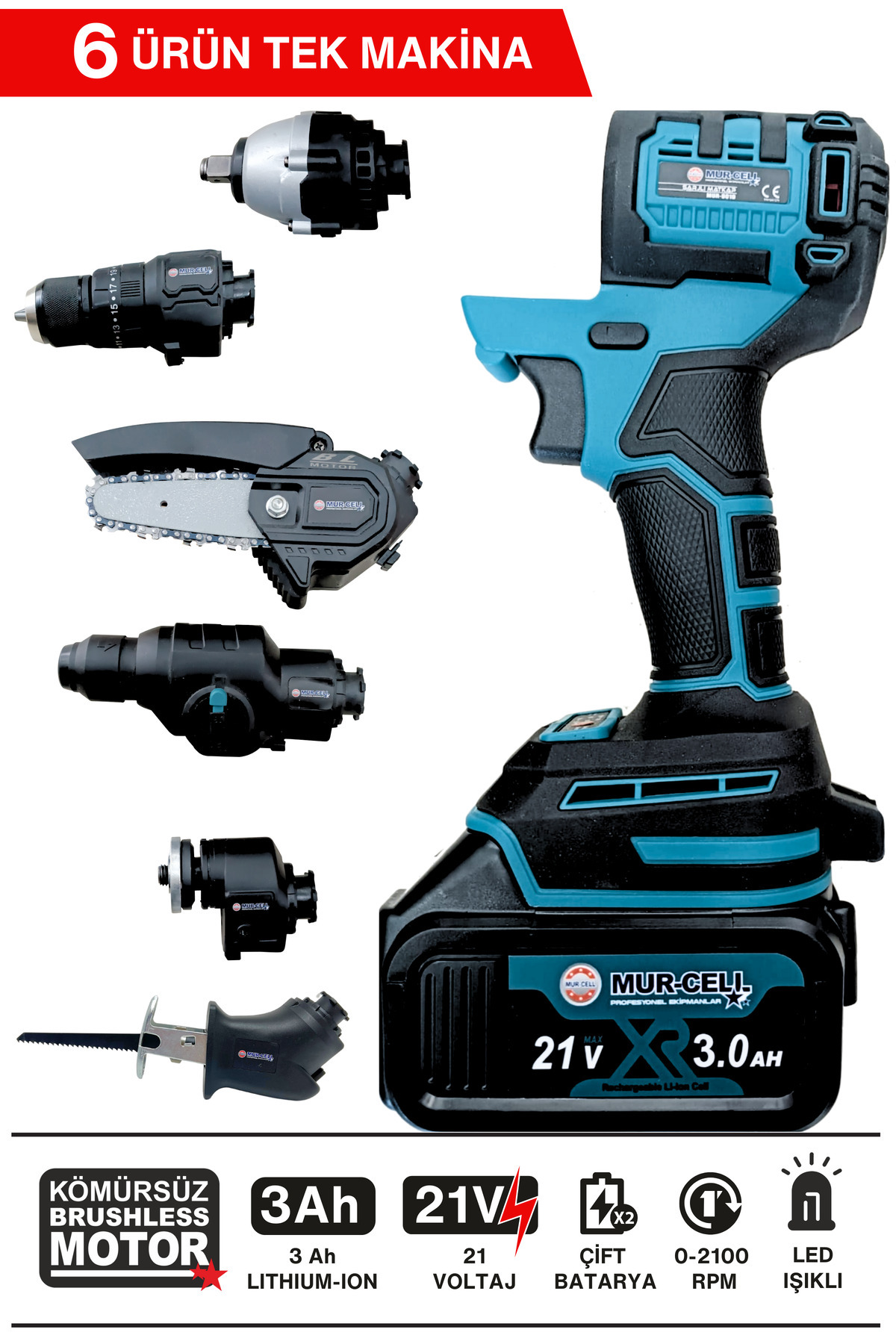 Mur-Cell MUR-9019 6 LI Değişen Kafa Tilki Kuyruğu Taşlama Darbeli Vidalama Kırıcı Hilti Testere