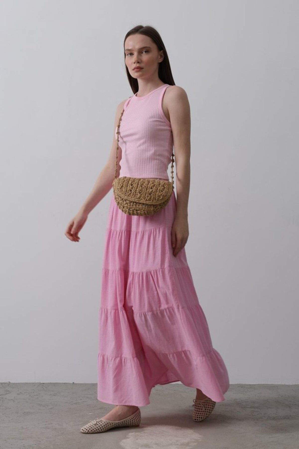 velmorafashion KAT KAT KETEN ETEK - Şeker Pembe