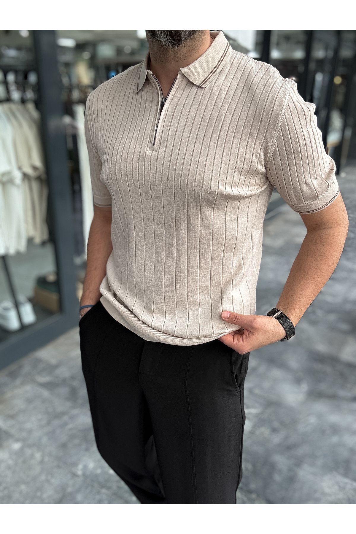 BYBASICMAN-Beige Half Zipper Ribbed Polo Neck T-Shirt Yp-5004/ 5