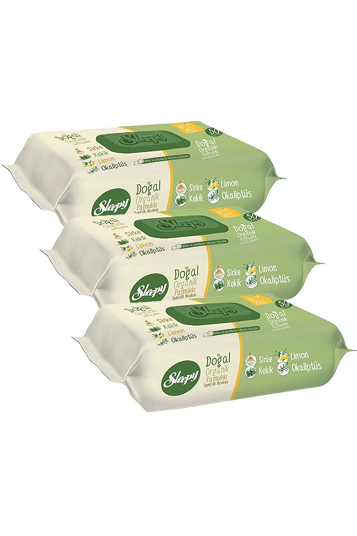 Sleepy Islak Havlu Mendil Doğal Organik Pamuklu 50 Yaprak Plastik Kapaklı (3 LÜ SET) 150 Yaprak