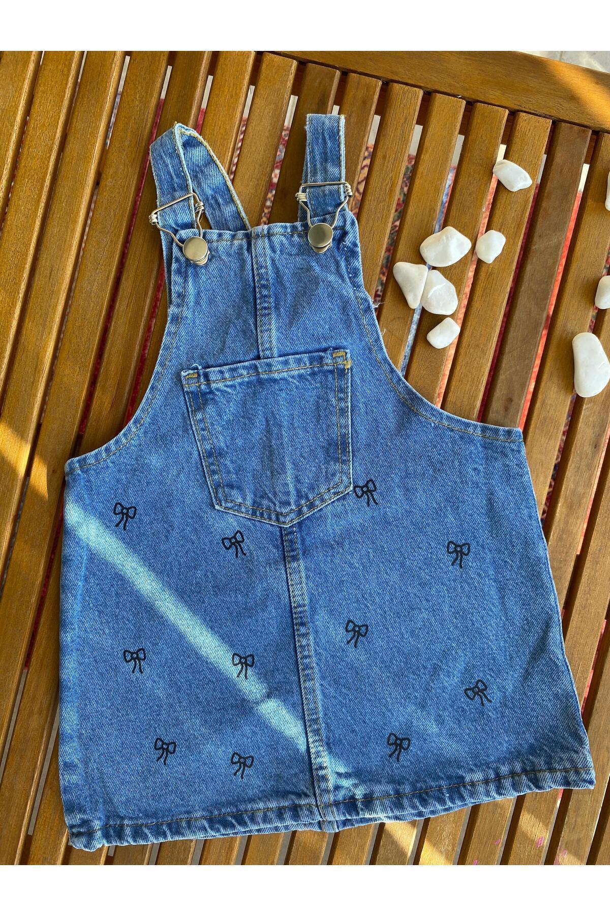 shop Kız Çocuk Kot Kumaş %100 Pamuk Kurdele Baskılı Ayarlanabilen Askı Cepli Salopet Jile Denim Elbise fotoğrafı 3 (önizleme)