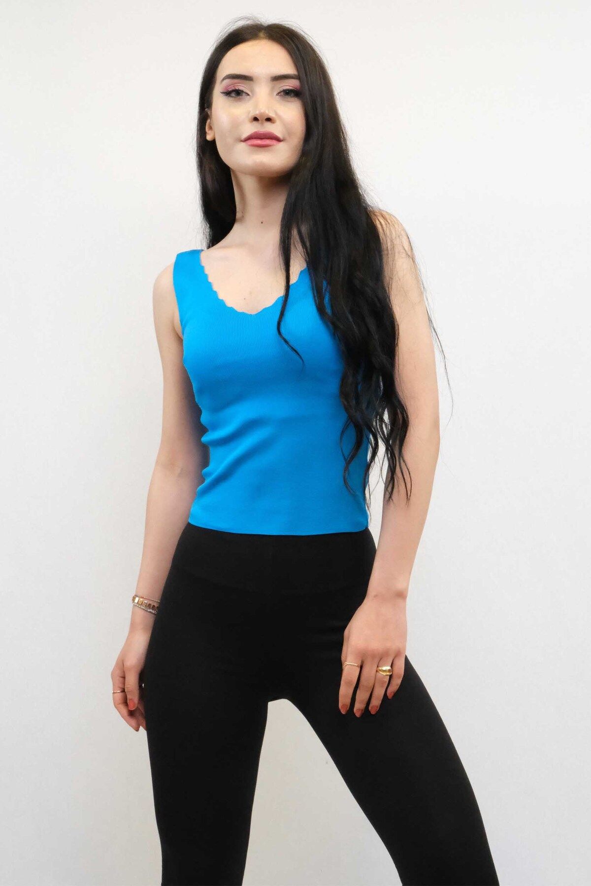 COXO Fashion`S Moda Çizgi Zigzag Collar Knitwear Blouse Turquoise
