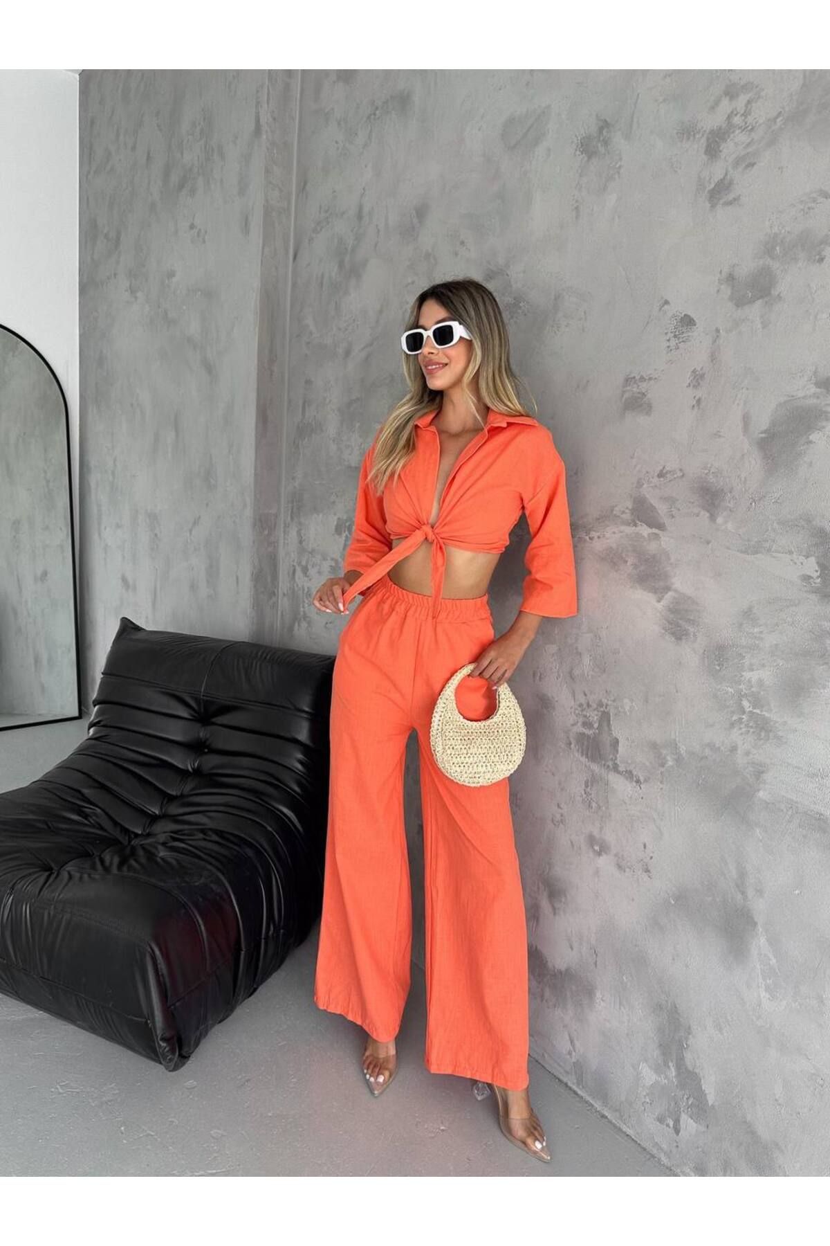 Enie-Women's Orange Linen Crop Shirt Pants Beach Set 5