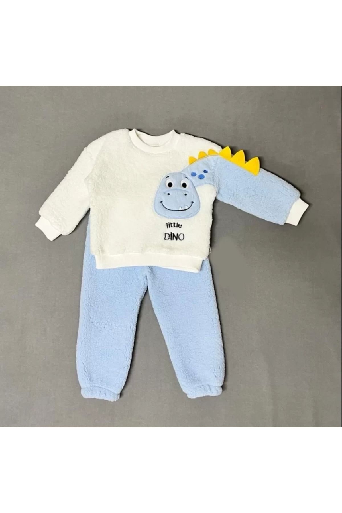 Miravm 1-2-3 Yaş Minik Dino Kollu Kuzu Kumaş Sweat Pantolon Uzun Kollu Kız Erkek 2 Li Takımı
