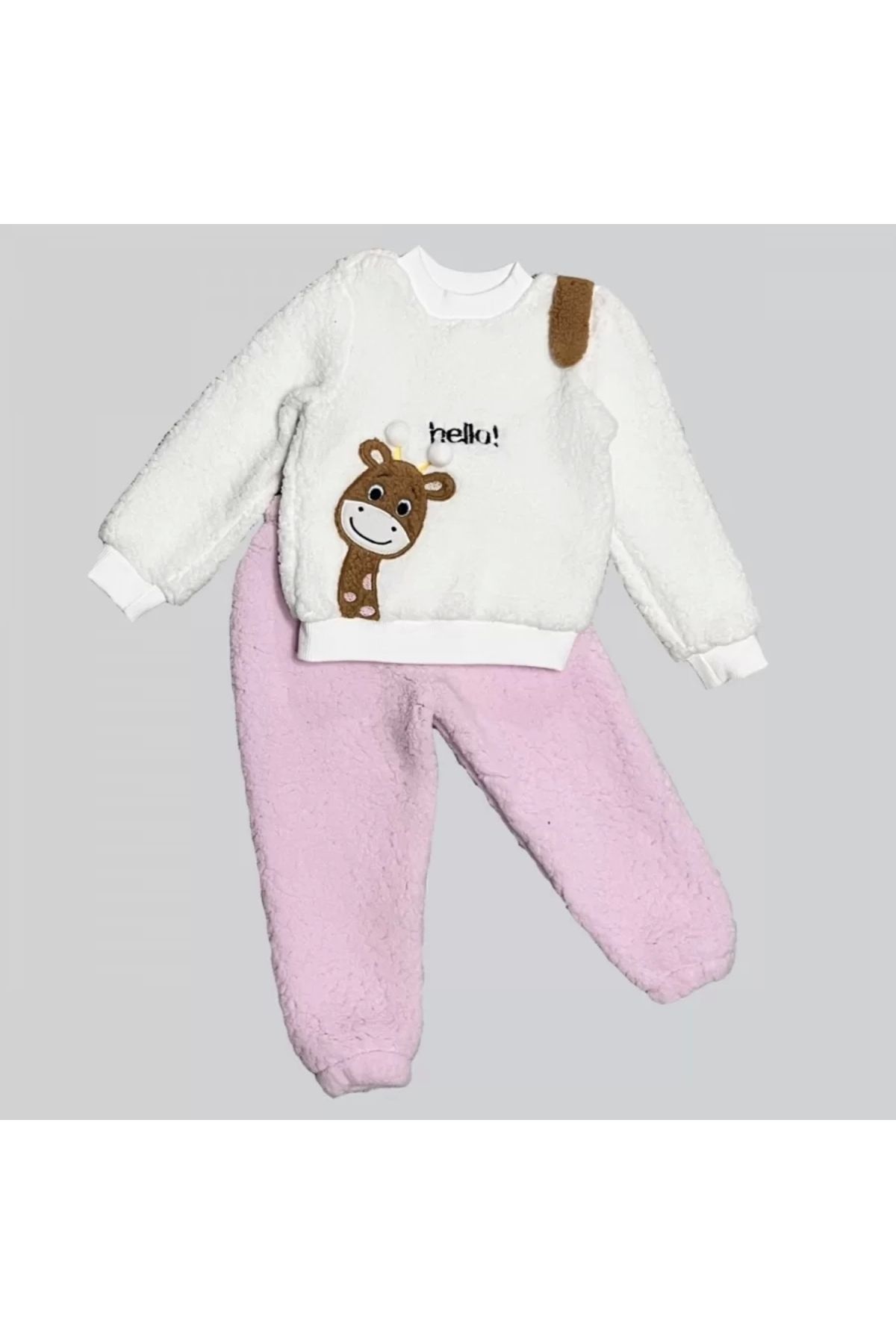 Miravm 1-2-3 Yaş Hello Zürafa Nakışlı Kuzu Kumaş Sweat Pantolon Uzun Kollu Kız Erkek 2 Li Takımı