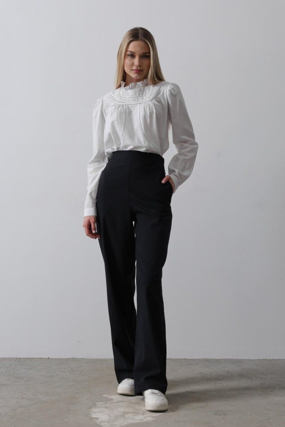 Gökyüzü Moda Beli Yarım Lastikli Palazzo Pantolon - Lacivert