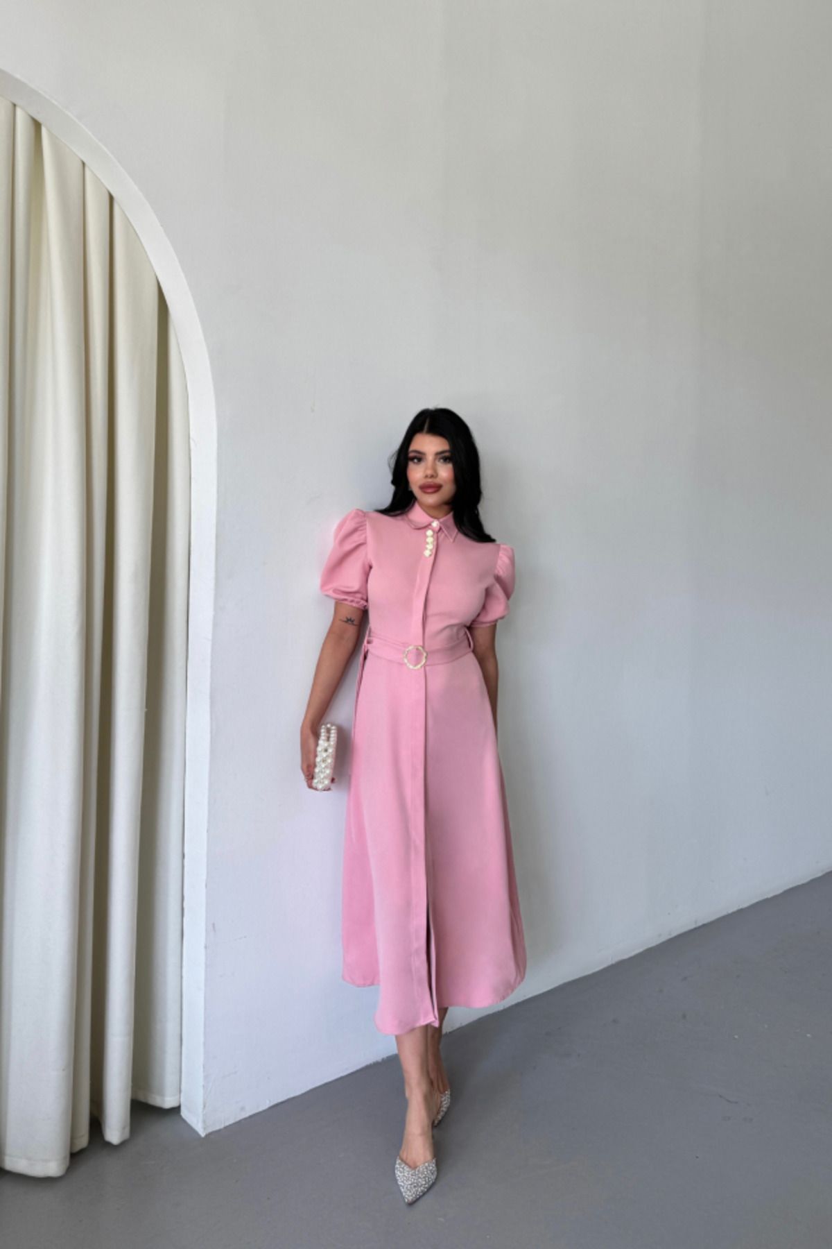 Deridün Yıldız Shoes YAKA DÜĞME DETAYLI ELBİSE- Pembe