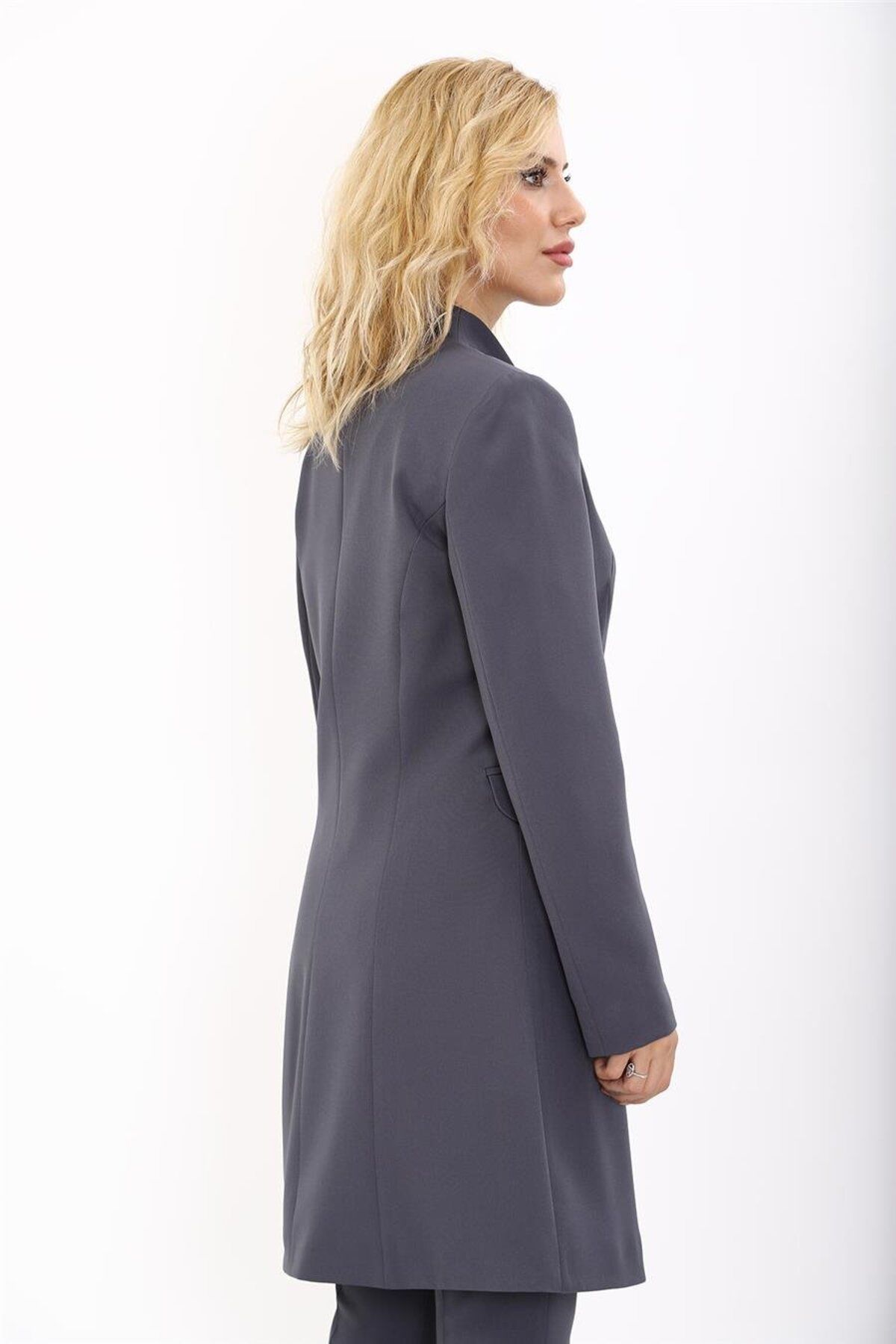 ÖNDER ÖZSOY-Self Stand Collar Single Button Long Jacket-Smoked 3