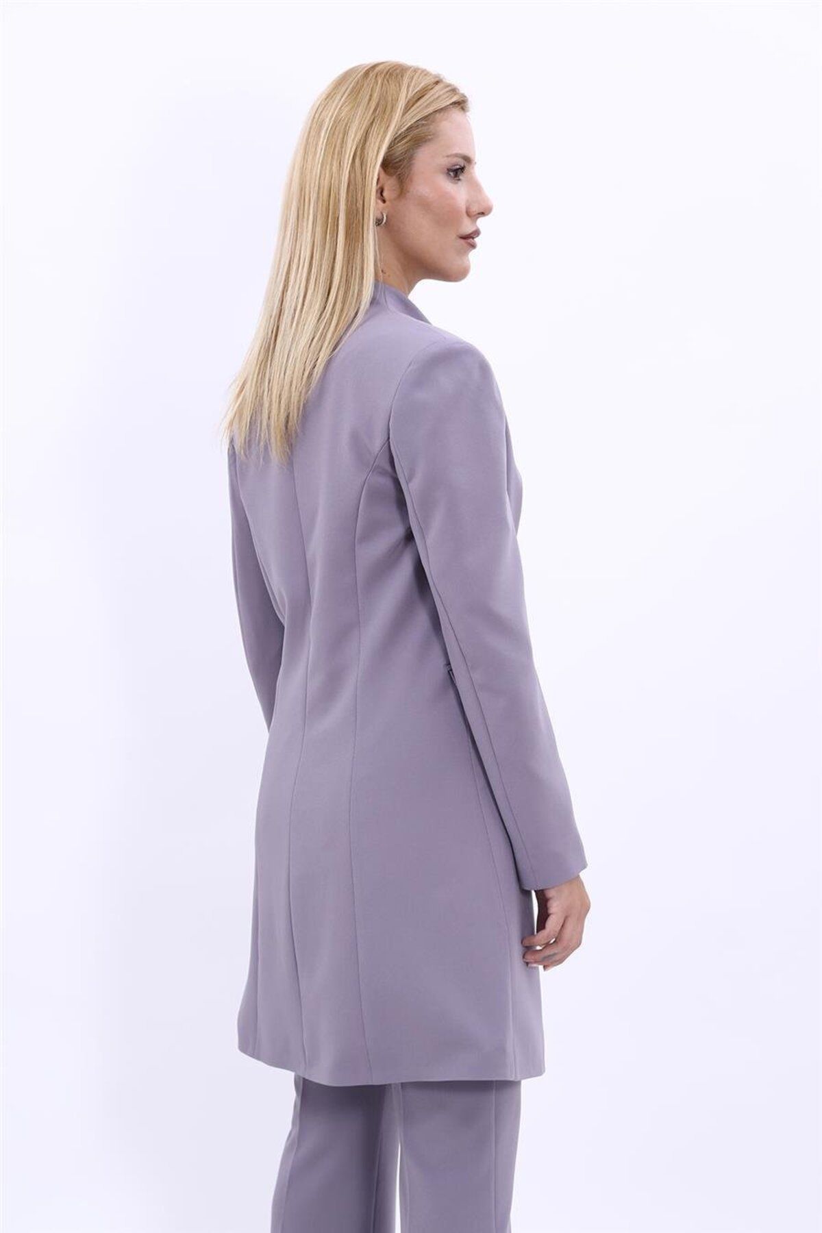 ÖNDER ÖZSOY-Long Jacket with Stand Collar and Single Button-Anthracite 3
