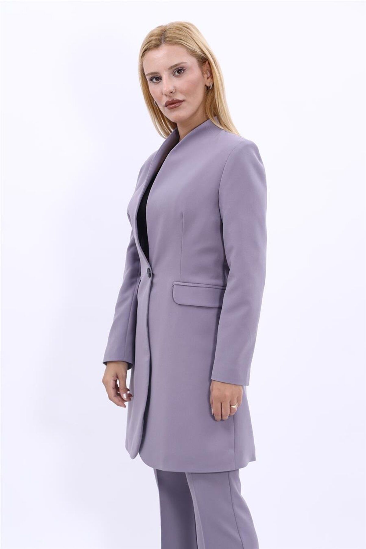 ÖNDER ÖZSOY-Long Jacket with Stand Collar and Single Button-Anthracite 2