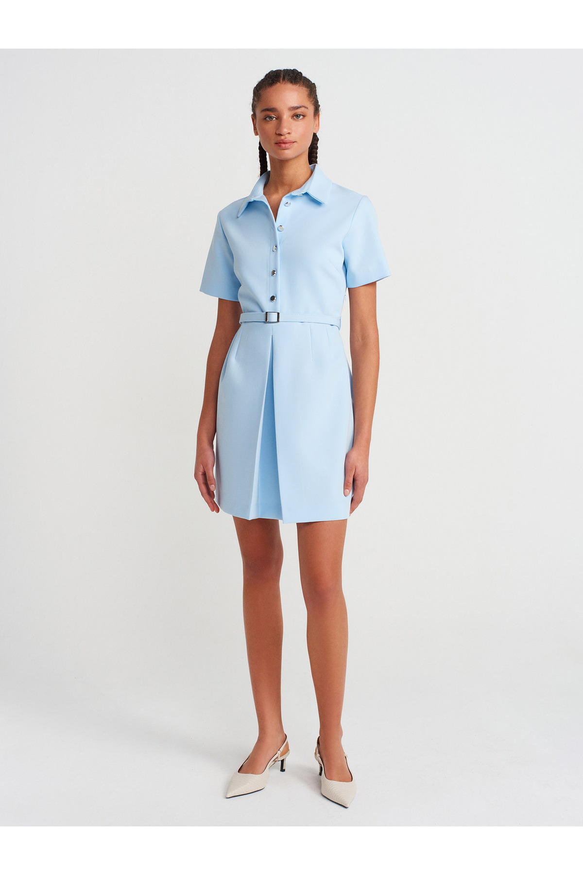 Dilvin  90917 Kemerli Mini Elbise-Mavi - Görsel 4