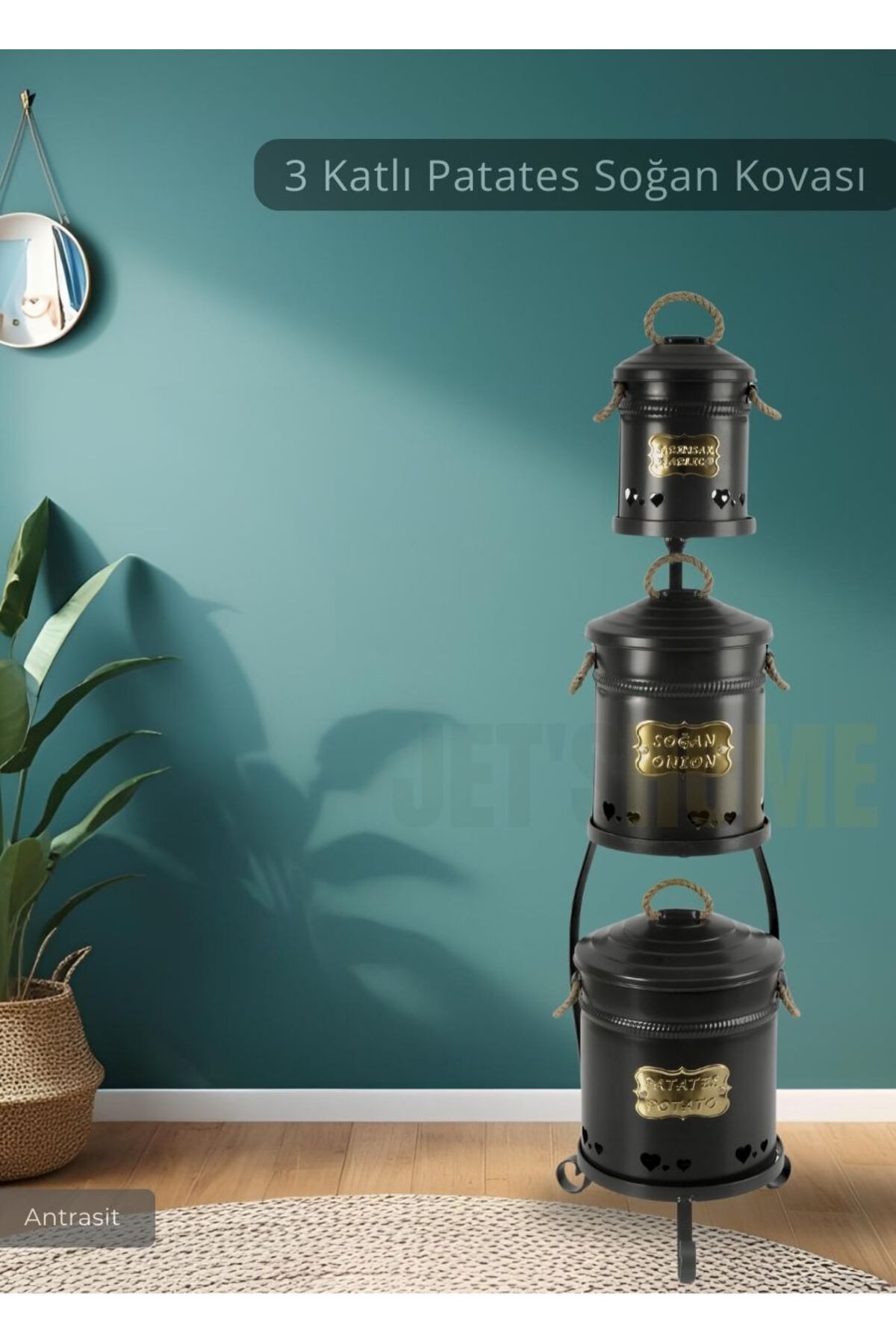 Jet's Home Patates Soğan Sarımsak Kovası 3 Katlı Sebzelik Paslanmaz Organizer Patates Soğan Sepeti Antrasit
