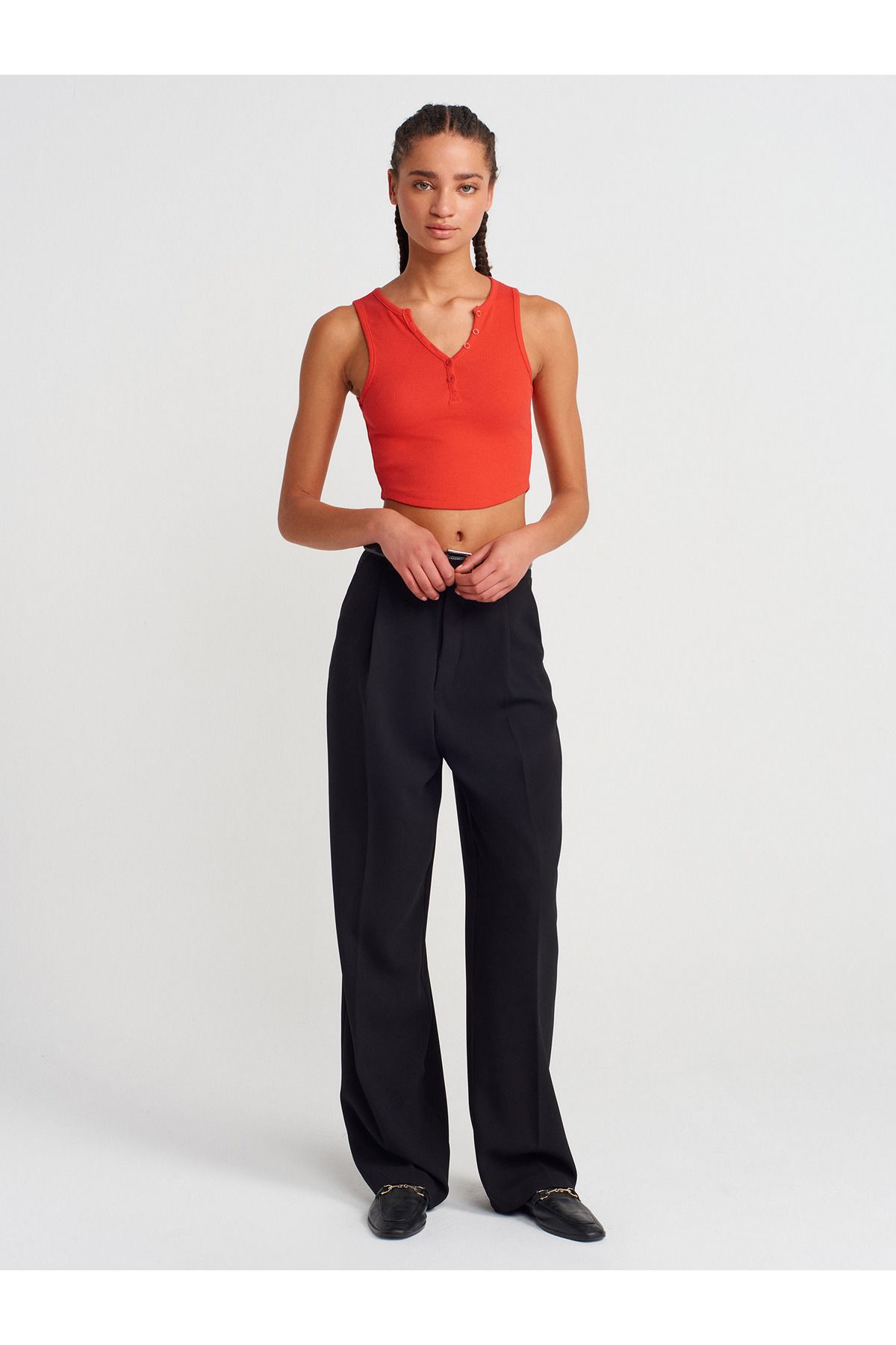 Dilvin-20844 Buttoned Front Top-Red 4