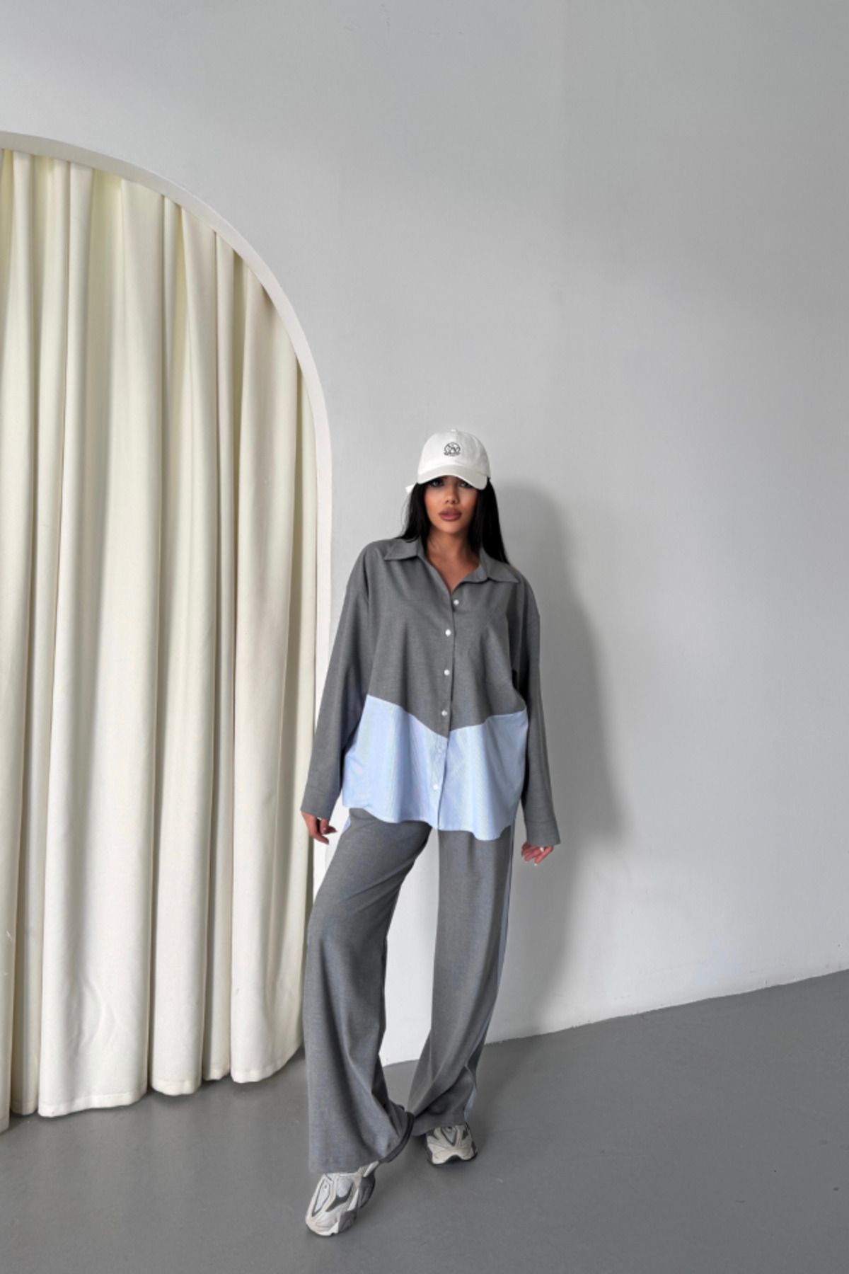 velmorafashion POLYVİSKON - POPLİN PARÇALI GÖMLEK PANTOLON TAKIM - Gri
