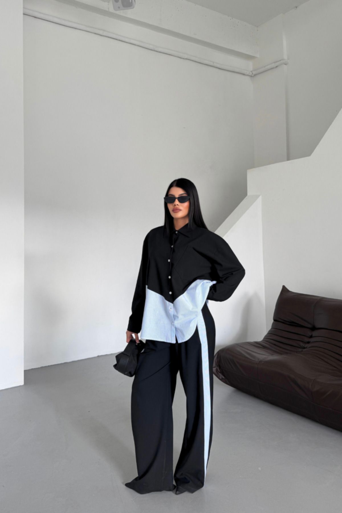 velmorafashion POLYVİSKON - POPLİN PARÇALI GÖMLEK PANTOLON TAKIM - Siyah