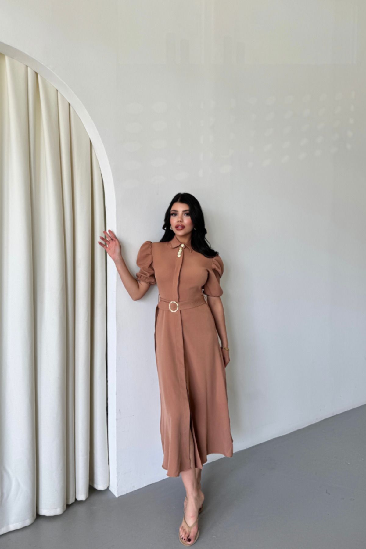velmorafashion YAKA DÜĞME DETAYLI ELBİSE - Kahverengi
