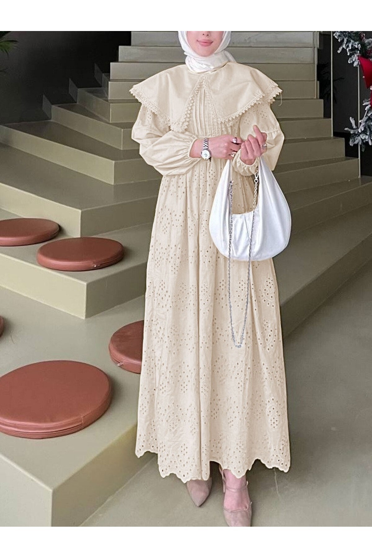 Modamorfo  Pelerin Yaka Dantel Detaylı Elbise -Bej - Görsel 2