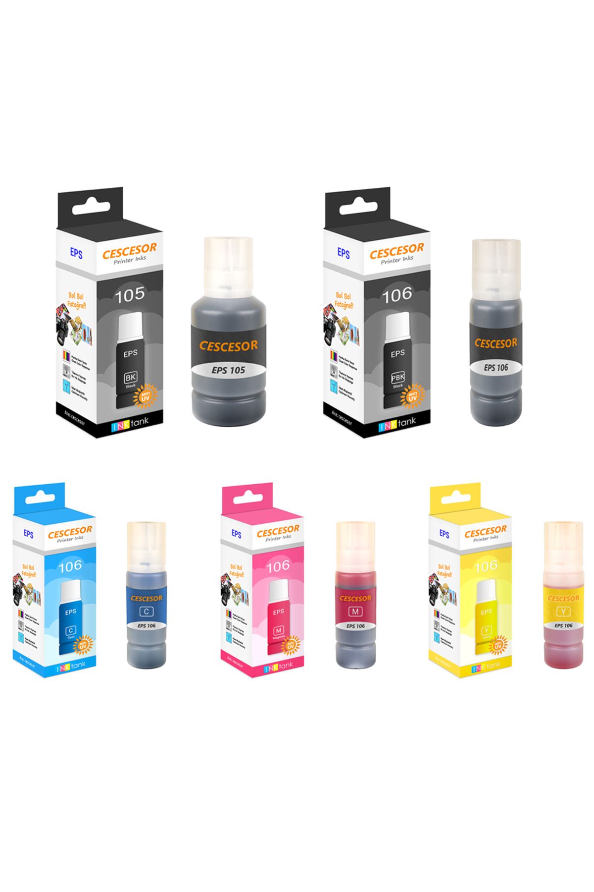 CESCESOR Epson 105 - 106 İçin 4 Renk Mürekkep Seti 1x140ml 4x70 ml