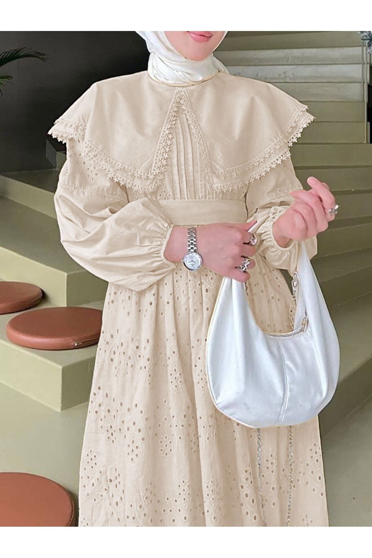 Modamorfo  Pelerin Yaka Dantel Detaylı Elbise -Bej - Görsel 5