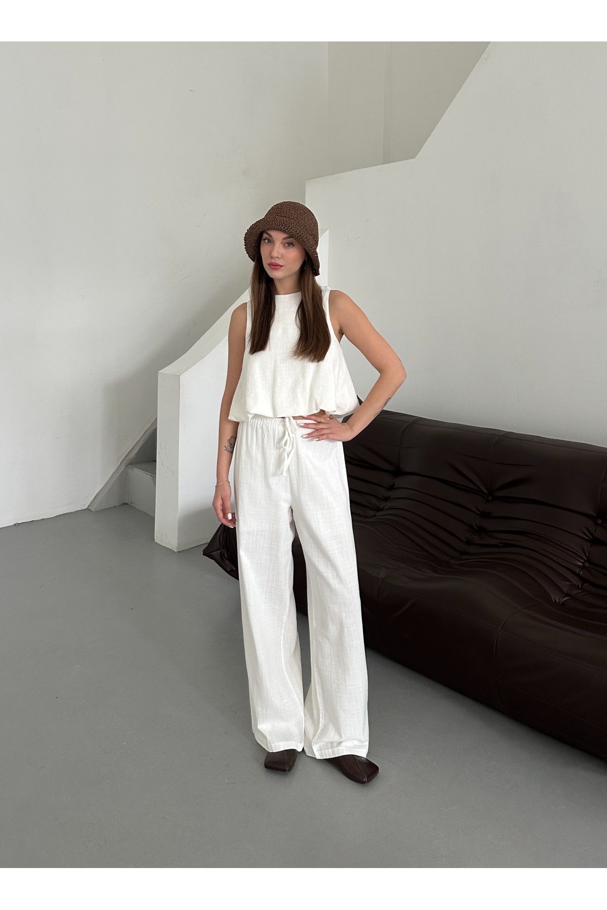 Laluvia-Ecru 100% Cotton Blouse Trousers Set - 251003 4
