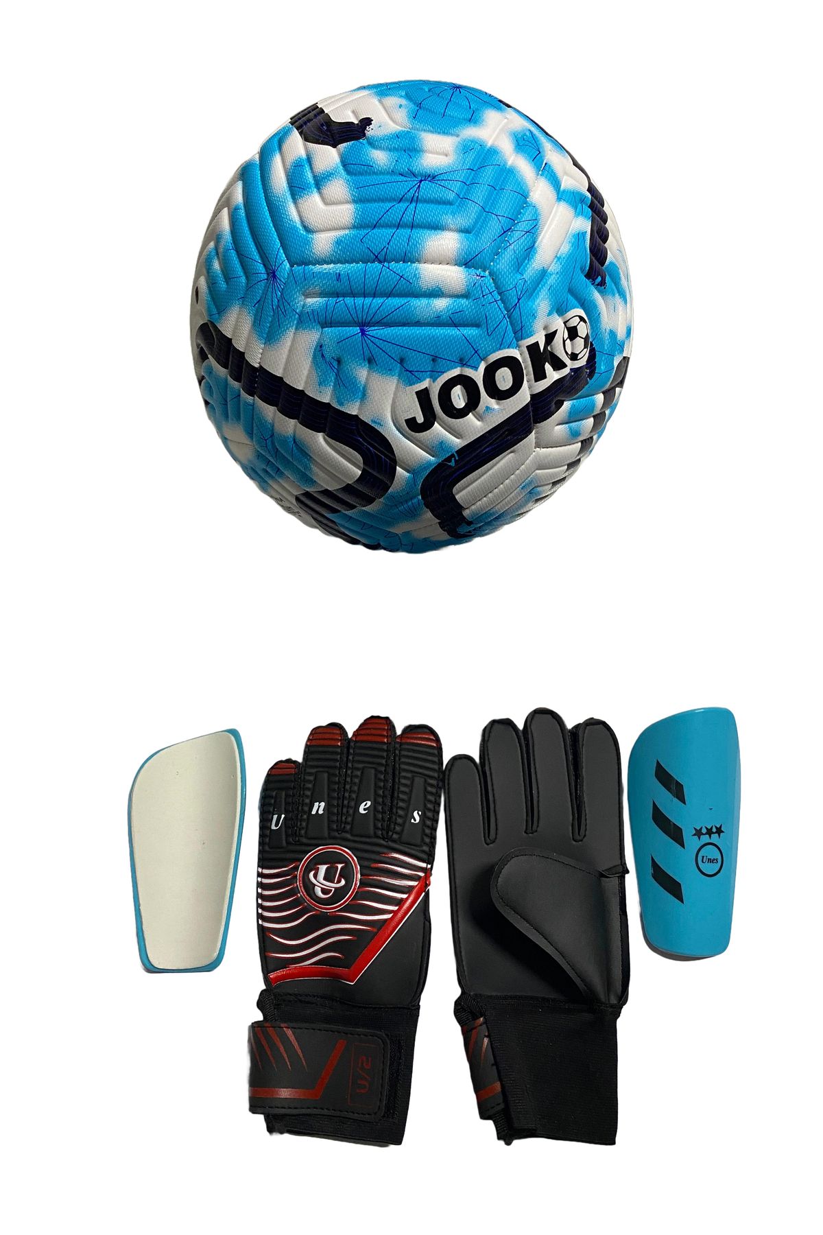 unes 5 NO MAVİ ÇİZGİLİ FUTBOL TOPU KALECİ ELDİVENİ VE TEKMELİK 3'LÜ SET (POMPA HEDİYELİ)
