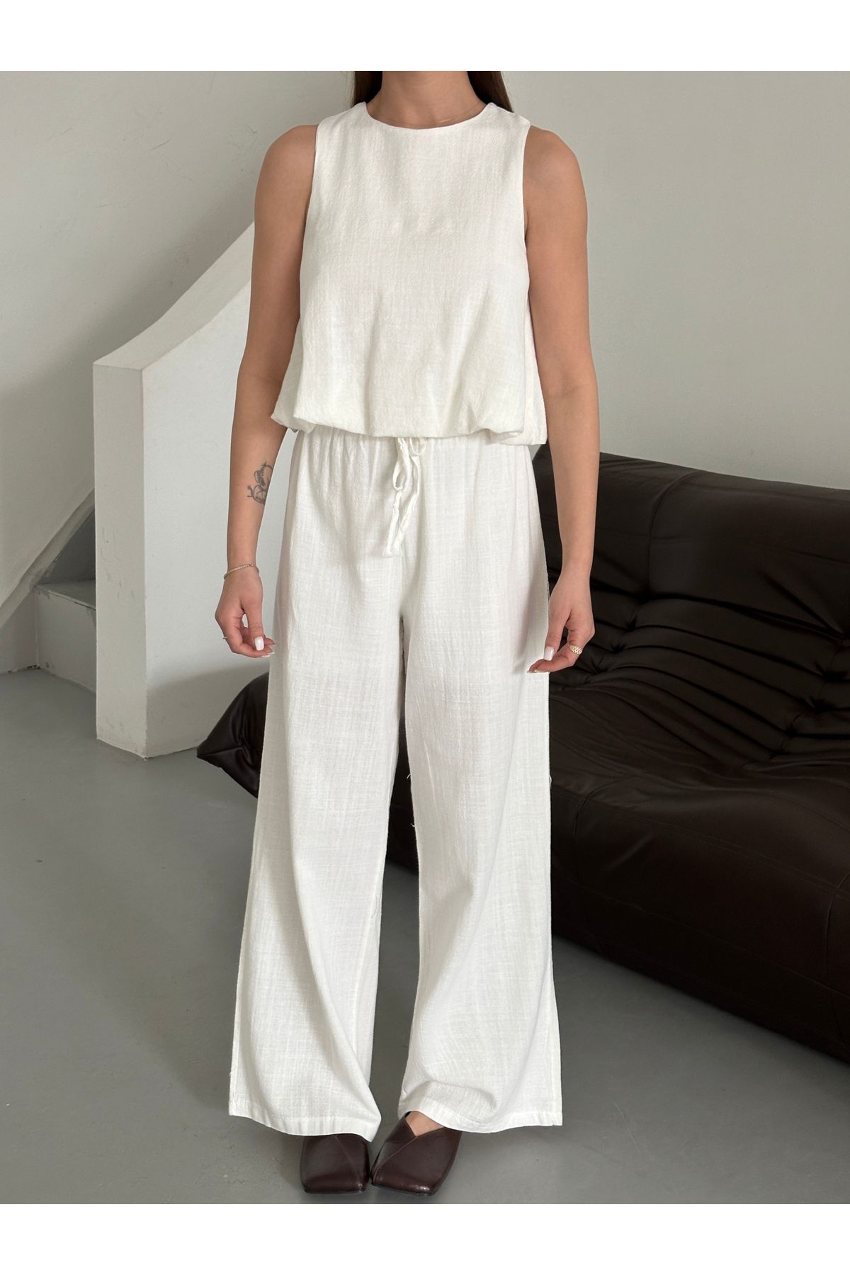 Laluvia-Ecru 100% Cotton Blouse Trousers Set - 251003 6