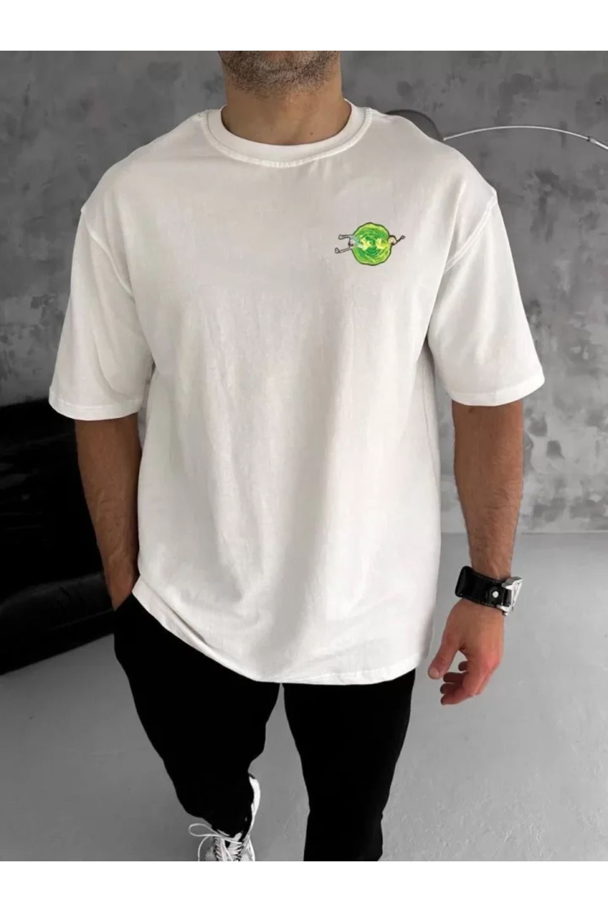 Asap Unisex Bisiklet Yaka Baskılı Oversize T-Shirt - Beyaz