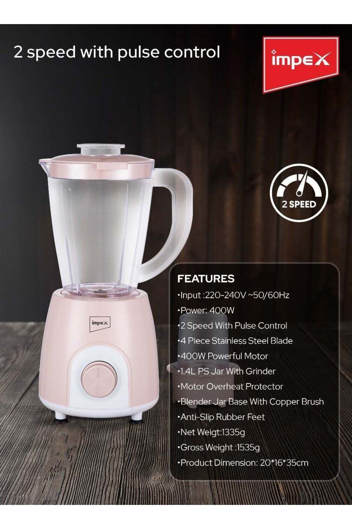İMPEX-2 in 1 Blender 1.4L 400W Mixer Grinder BL 3501 - 2 Speed with Pulse Control 4 Stainless Steel Blade 3